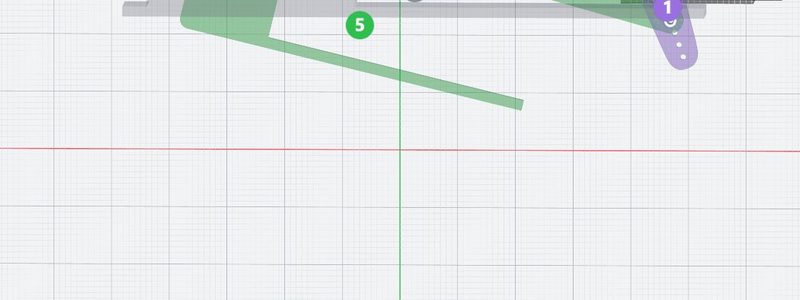 Ein Einziehfahrwerk von oben, halb eingezogen: die Glieder grün, das Gehäuse grau, der Servohebel violett, die sechs Gelenke nummeriert